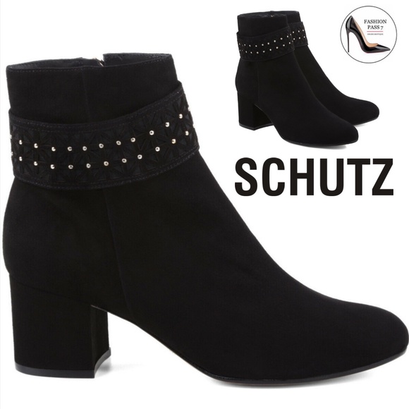 SCHUTZ Shoes - Schutz Cara Pump Black Suede Leather Ankle Booties Block Heel Fashion Boots 8.5
